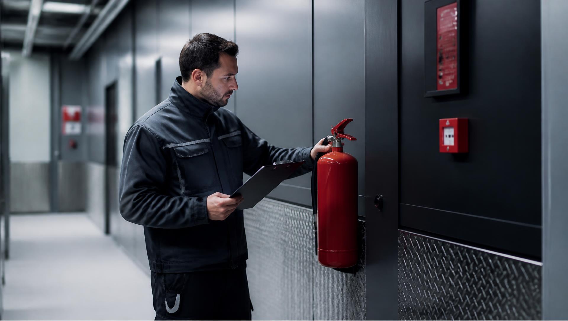 Technicien FIREPROTECT controlant un extincteur dans un batiment professionnel belge
